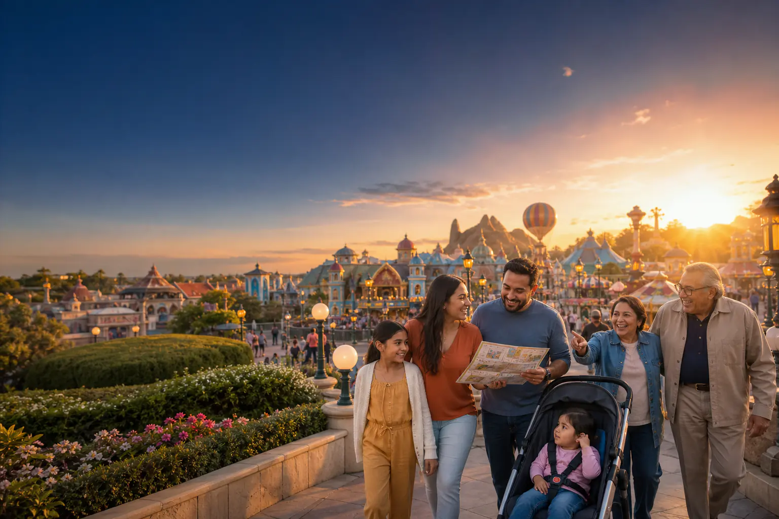 Multigenerational family reviewing a plan in an original theme park